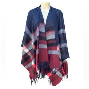 Kollie More Women's Boucle‎ Wrap Shawl Navy Blue Red Plaid Soft Fringe One Size